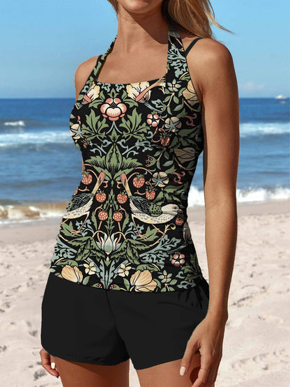 Maillot de bain tankini taille moyenne à imprimé floral rétro et patchwork 