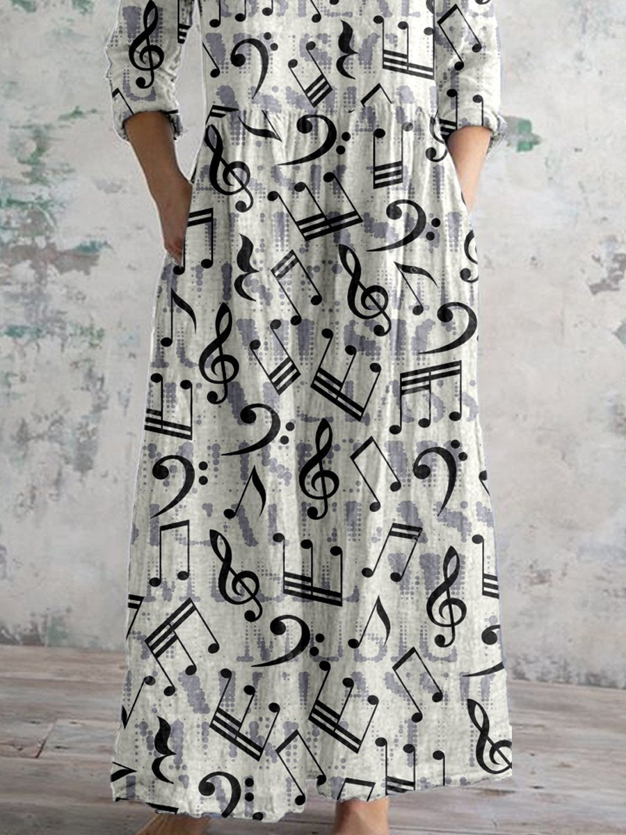 Women's Elegant Art Note Pattern Cotton and Linen Dress with Pockets