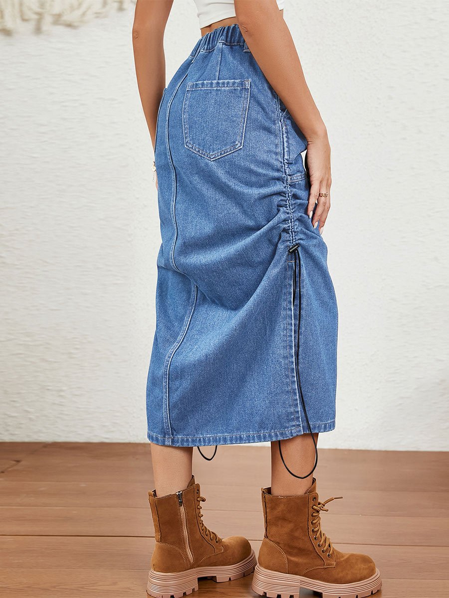 Women's Washed Elastic Waist Drawstring Denim Midi Skirt