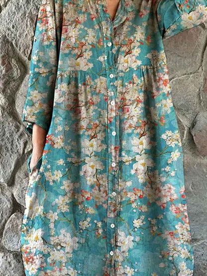 Women's Vintage Floral Pattern Shirt Style Cotton and Linen Dress