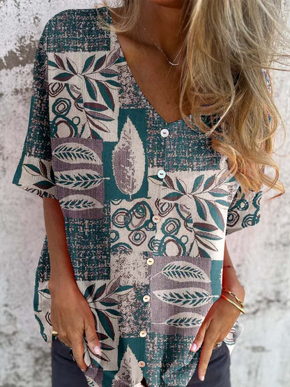 Women's Elegant Vintage Floral Pattern Shirt Style Cotton and Linen Top